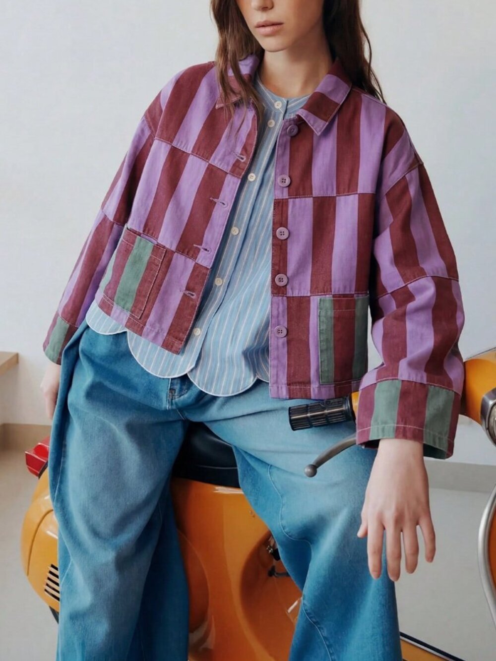 Multicolor Casual Women's Striped Cropped Jacket with Patch Pockets Boxy Fit